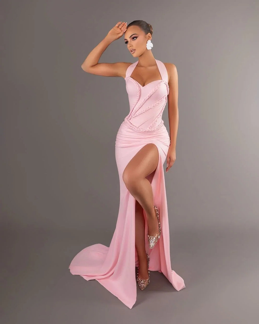 Pink Mermaid Halter Sleeveless Braided Maxi Prom Dress