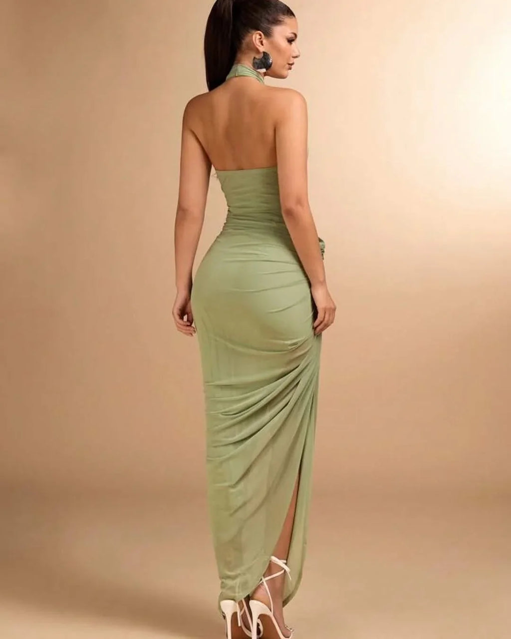 Mermaid Halter Sleeveless Ruched Sage Maxi Prom Dress