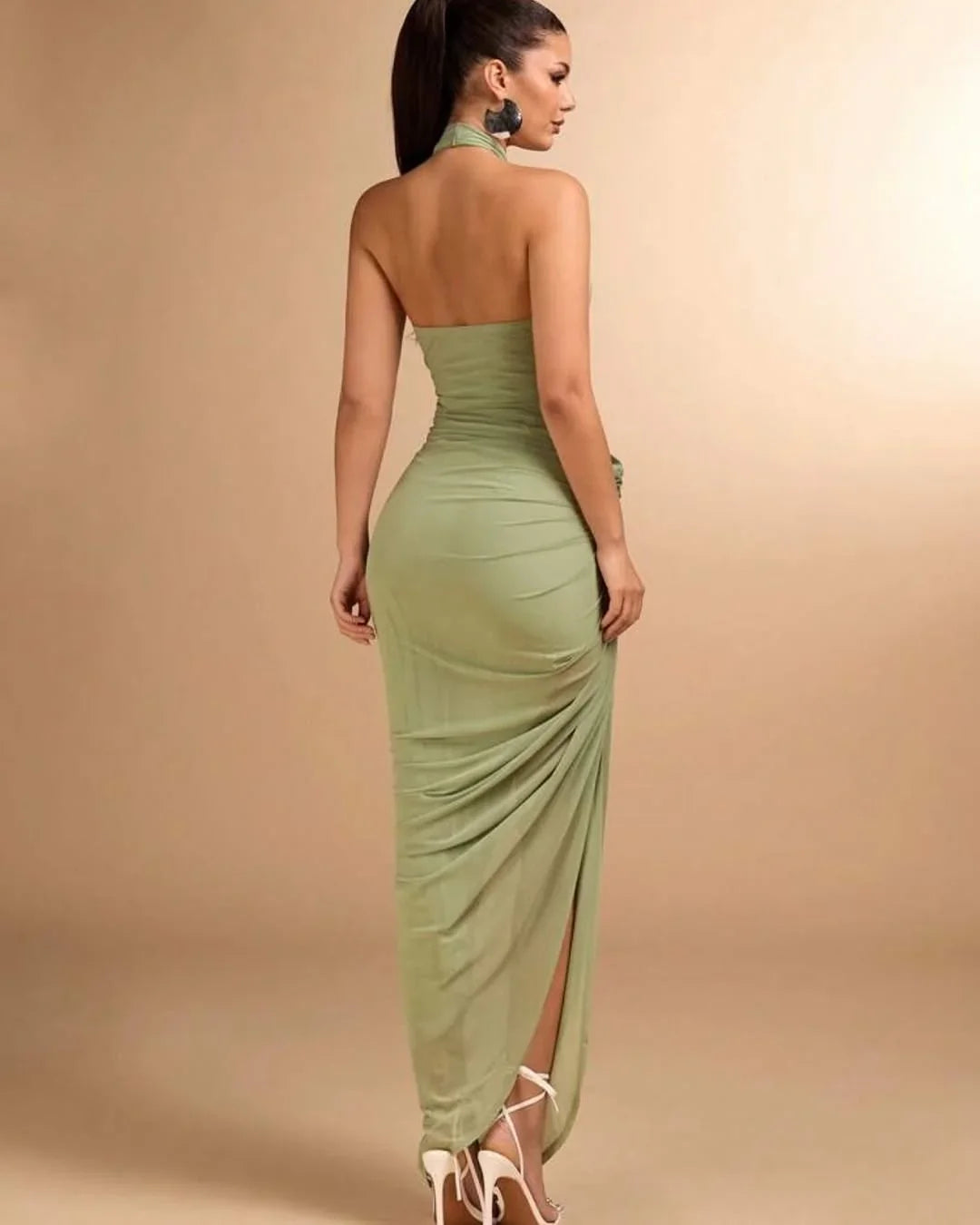 Mermaid Halter Sleeveless Ruched Sage Maxi Prom Dress