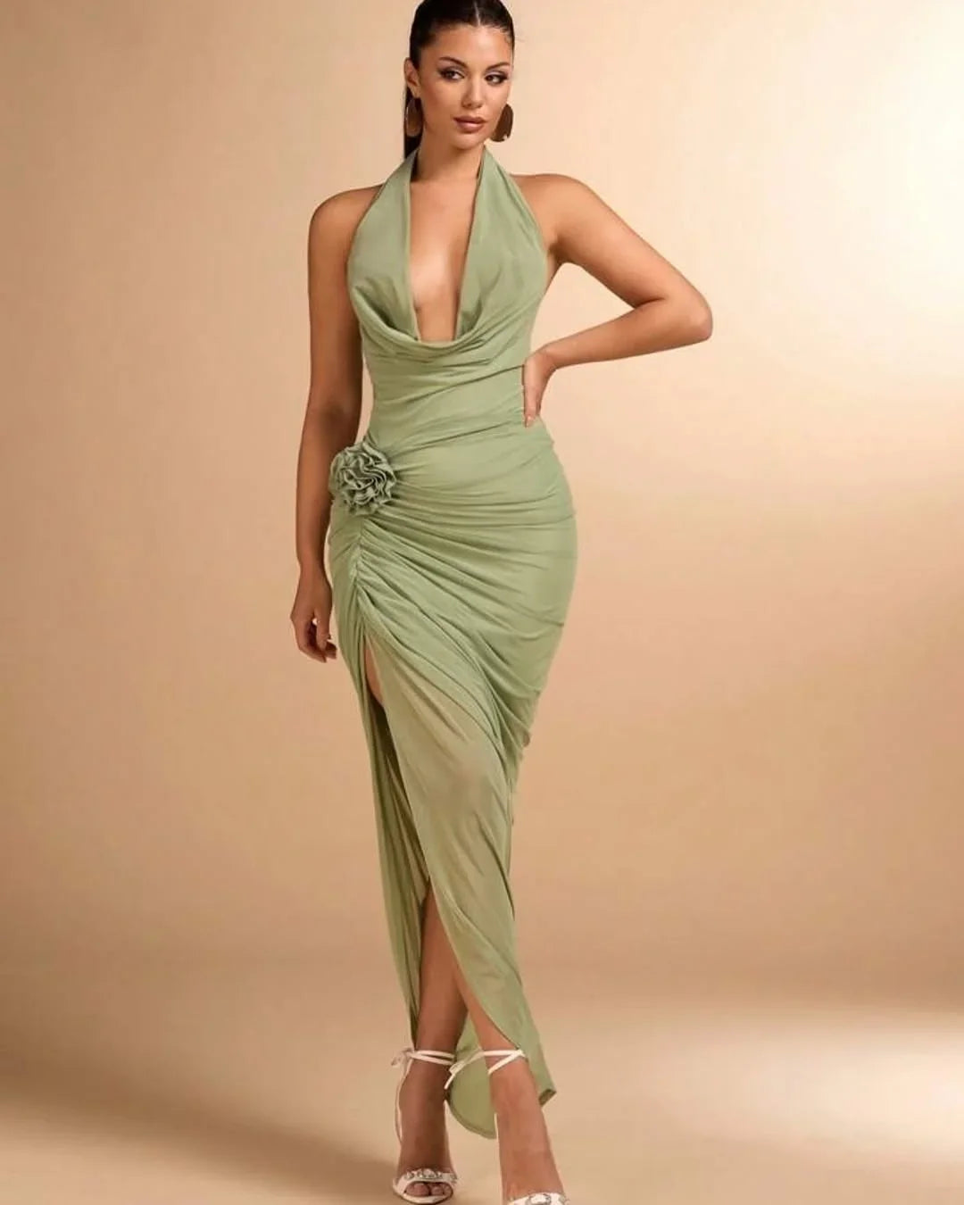 Mermaid Halter Sleeveless Ruched Sage Maxi Prom Dress