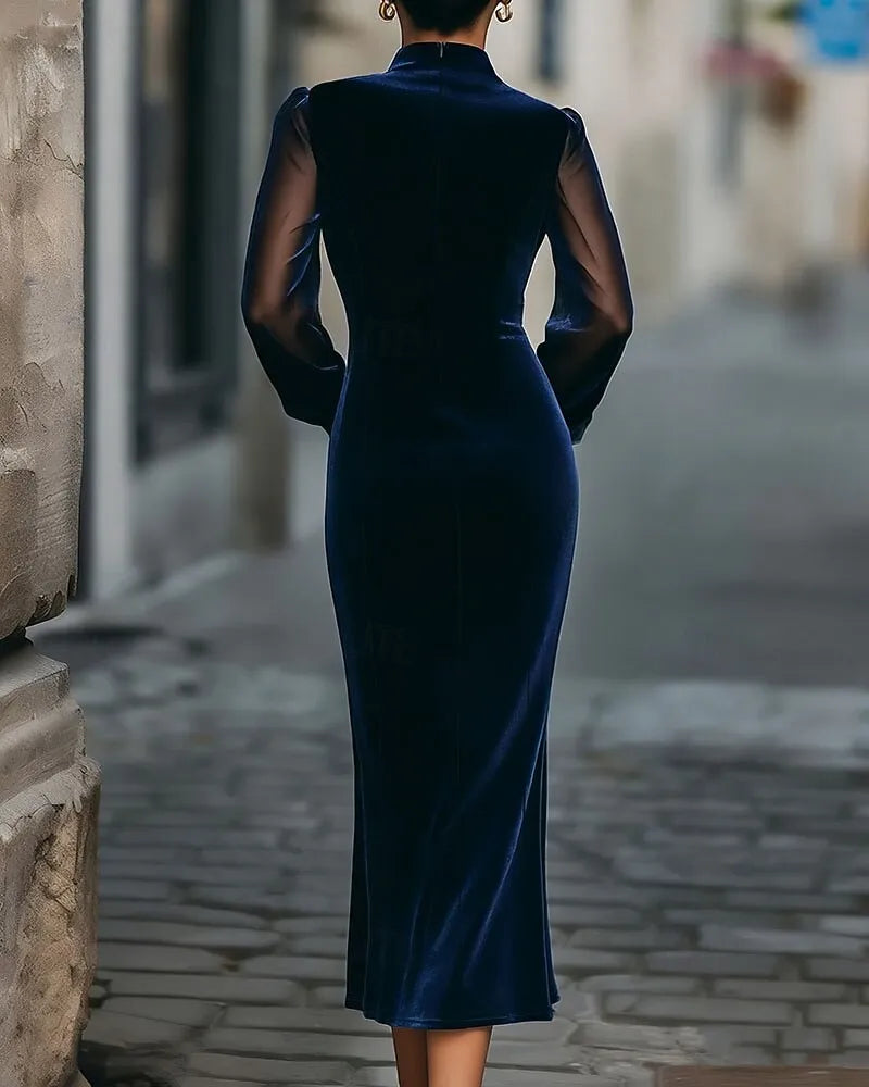Navy Blue Mermaid High-neck Long-sleeve Sheer-panel Midi Evening Dress for Women Hot Sale