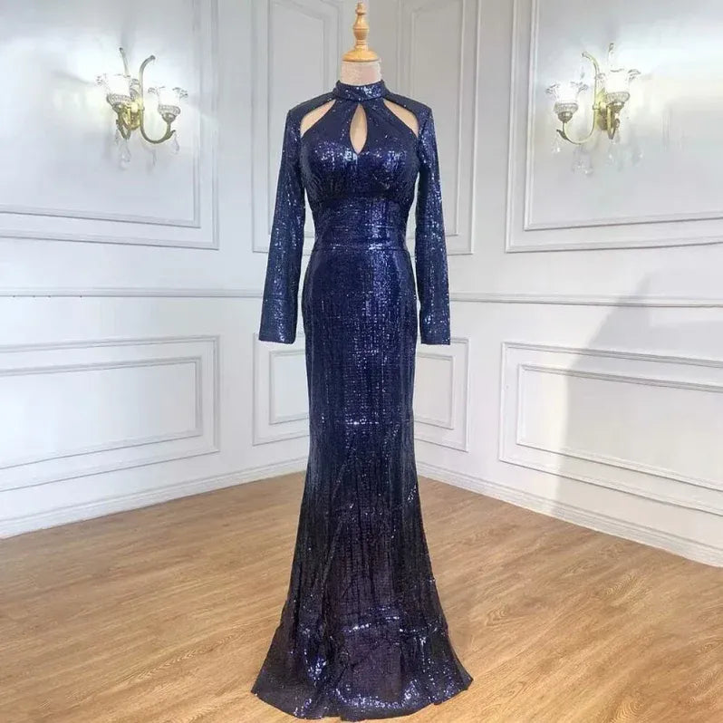 Black Mermaid High-neck Long-sleeve Floor-length Prom Dress for Women Hot Sale