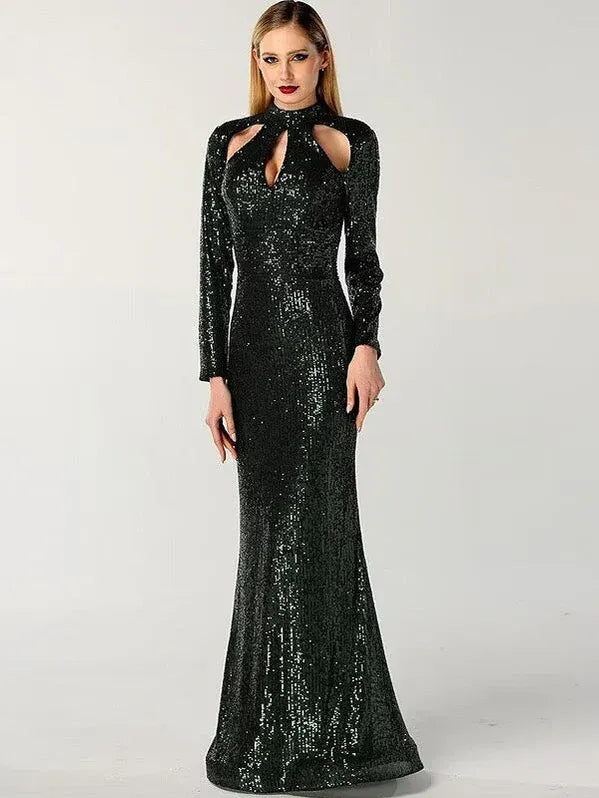 Black Mermaid High-neck Long-sleeve Floor-length Prom Dress for Women Hot Sale