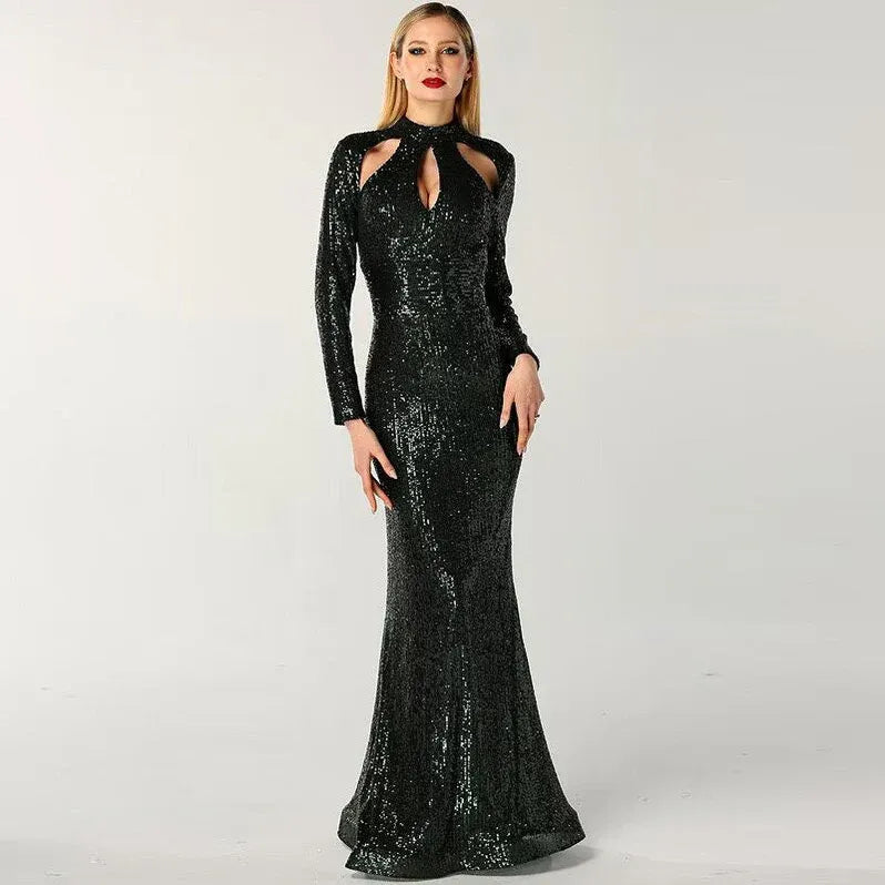 Black Mermaid High-neck Long-sleeve Floor-length Prom Dress for Women Hot Sale