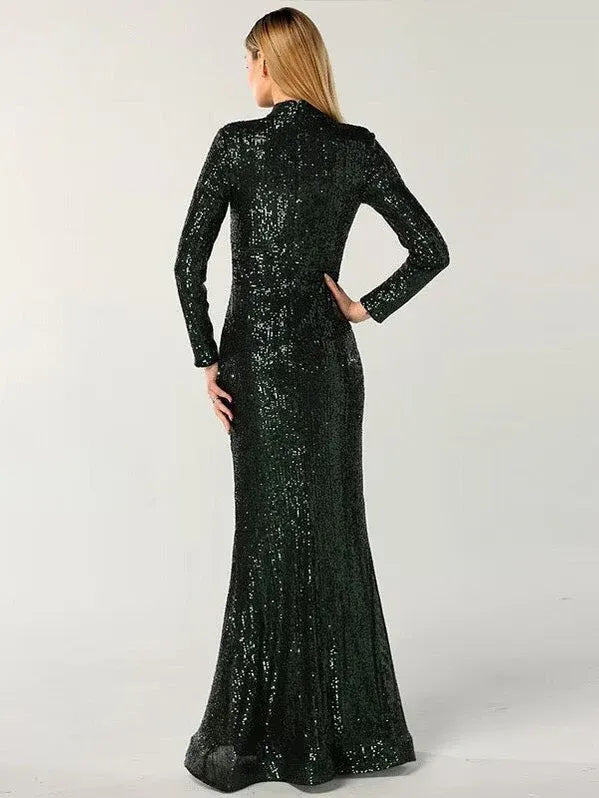Black Mermaid High-neck Long-sleeve Floor-length Prom Dress for Women Hot Sale