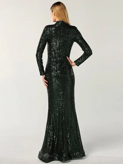 Glamorous Black Sequin Mermaid High-Neck Long-Sleeve Classic-Back Floor-Length Prom Dress
