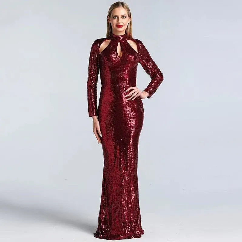 Black Mermaid High-neck Long-sleeve Floor-length Prom Dress for Women Hot Sale
