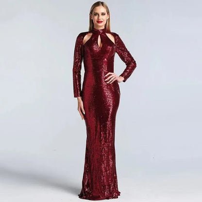 Glamorous Black Sequin Mermaid High-Neck Long-Sleeve Classic-Back Floor-Length Prom Dress