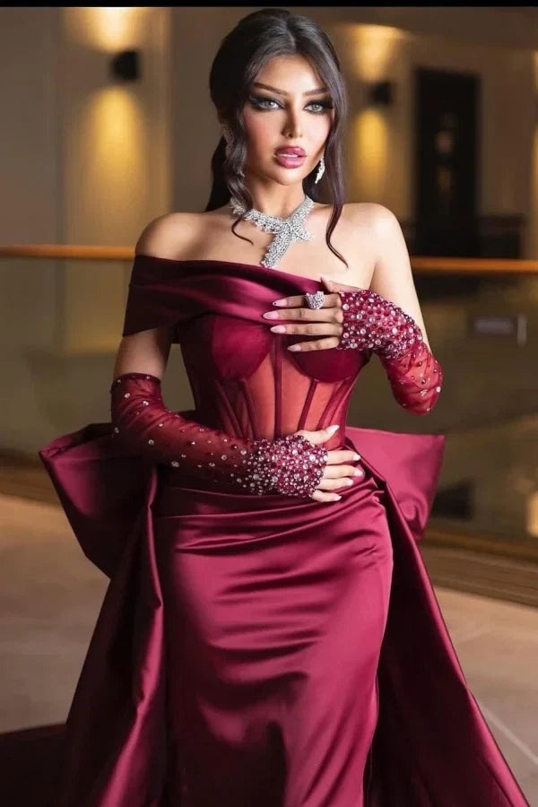 Burgundy Mermaid Off-Shoulder Beaded Train Party Dress
