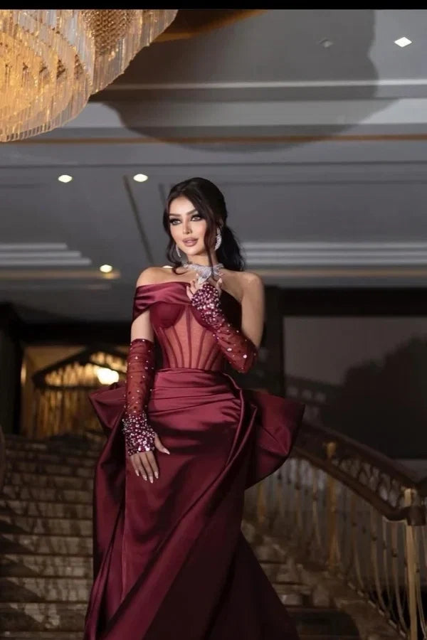 Burgundy Mermaid Off-Shoulder Beaded Train Party Dress
