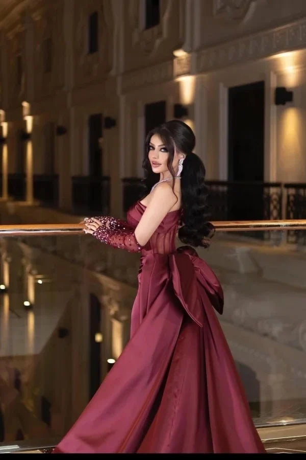 Burgundy Mermaid Off-Shoulder Beaded Train Party Dress