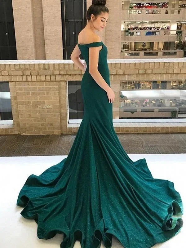 Green Mermaid Off-Shoulder Glitter Emerald Maxi Evening Dress