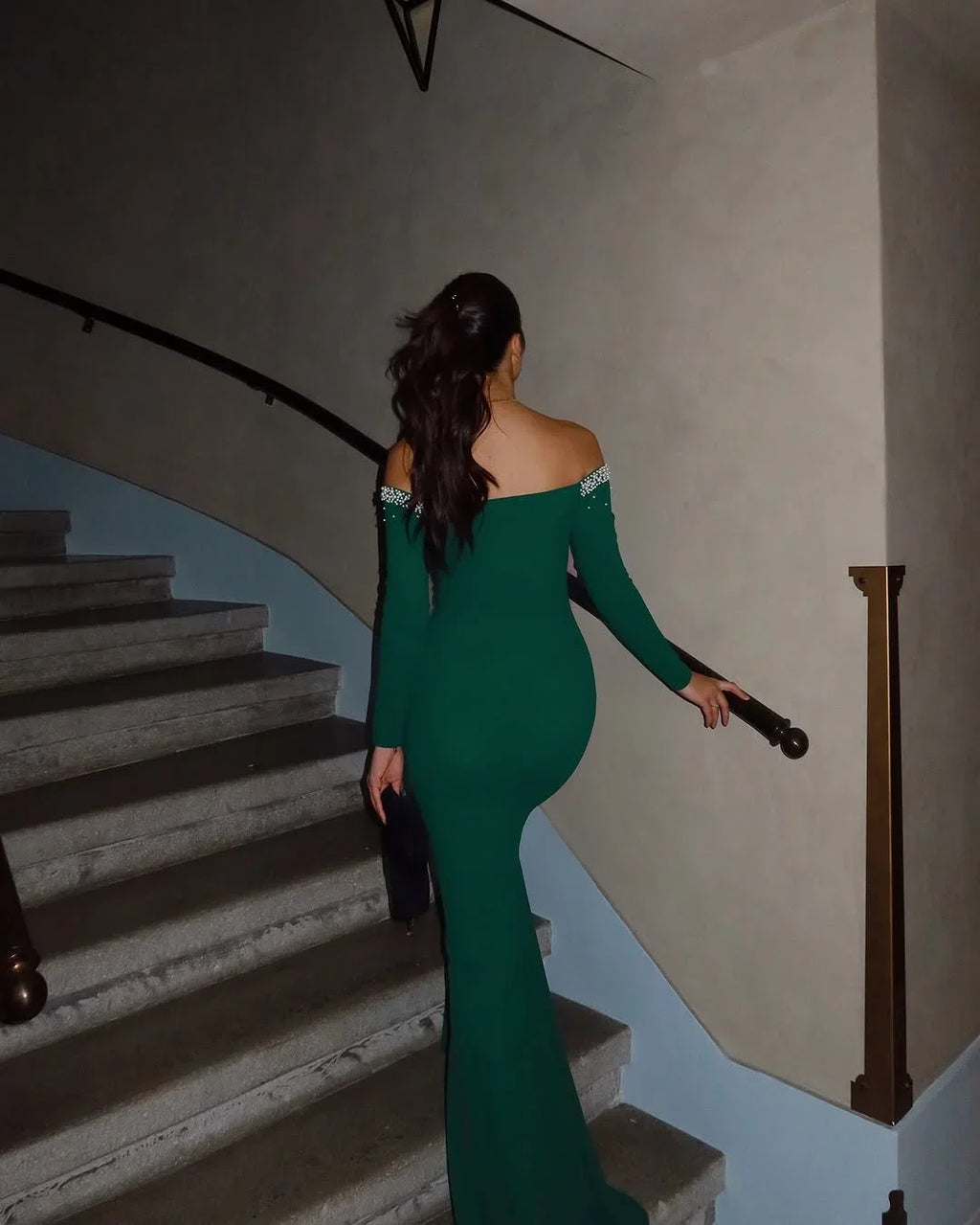 Mermaid Off-Shoulder Long Sleeve Beaded Maxi Prom Dress