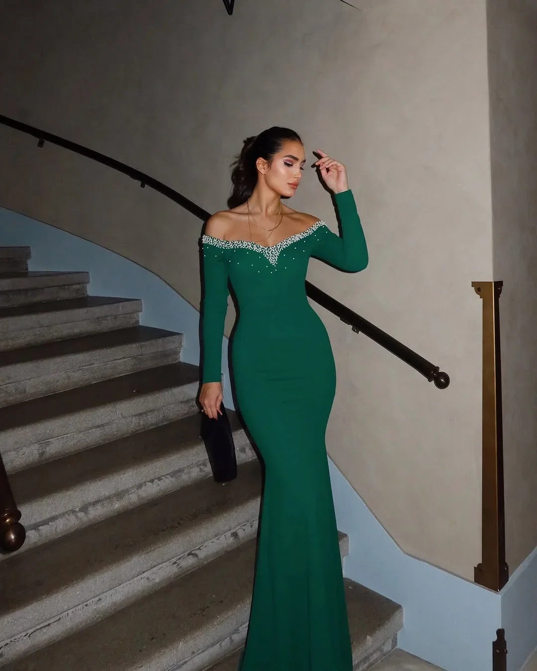 Mermaid Off-Shoulder Long Sleeve Beaded Maxi Prom Dress