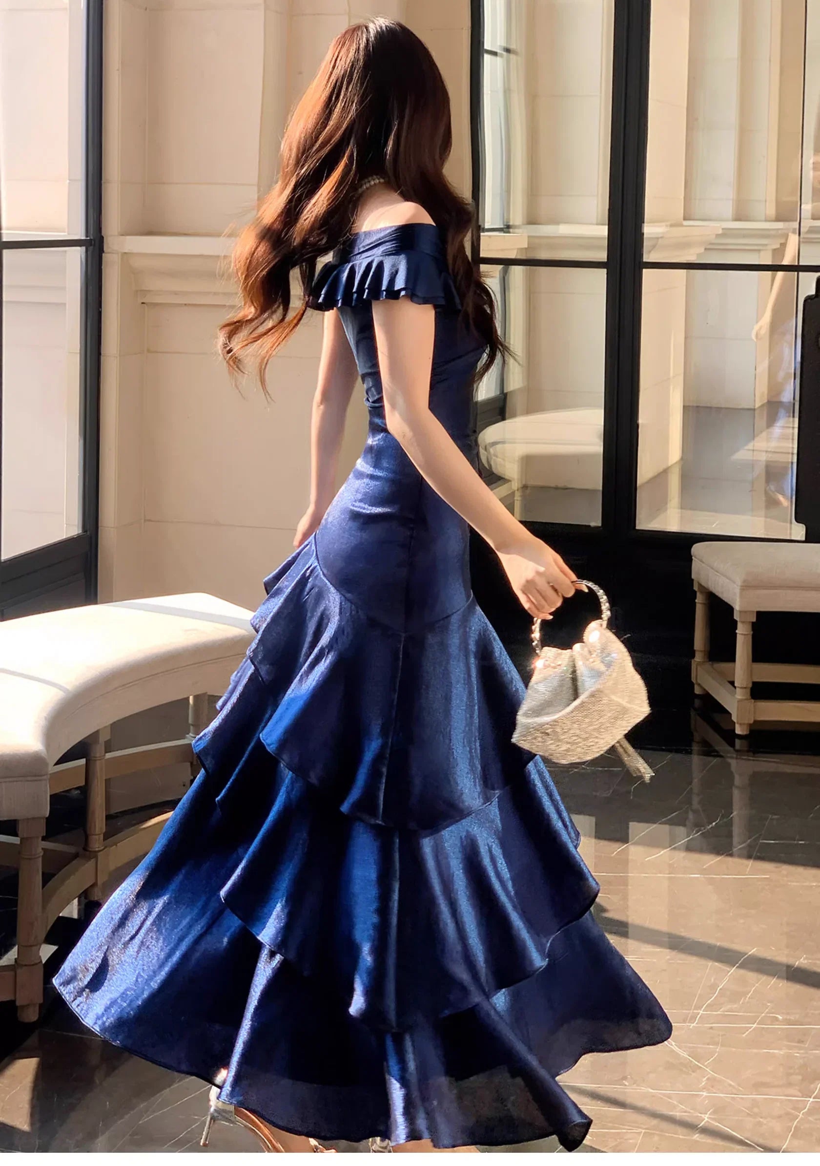 Blue Mermaid Off-Shoulder Ruffled Midnight Prom Dresses