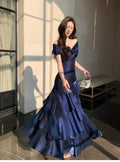 Blue Mermaid Off-Shoulder Ruffled Midnight Prom Dresses