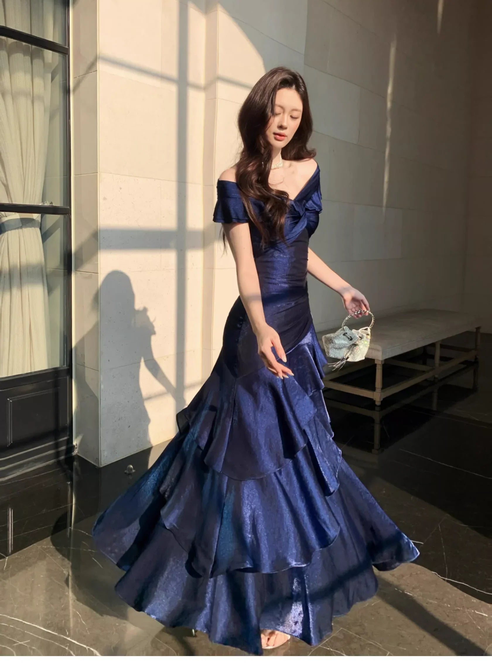 Blue Mermaid Off-Shoulder Ruffled Midnight Prom Dresses