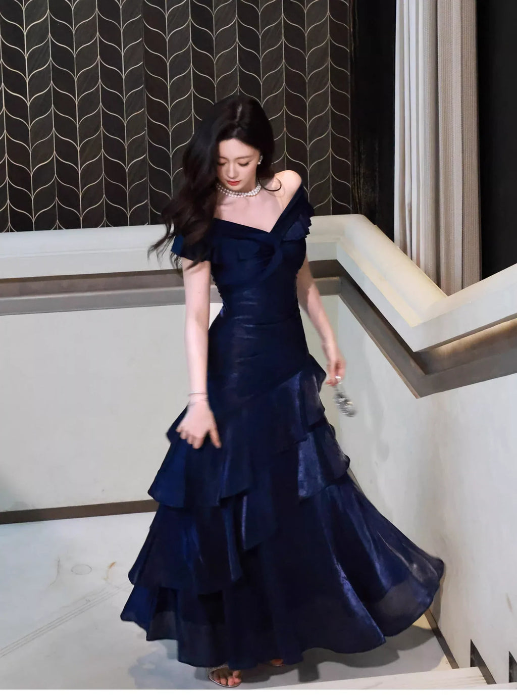 Blue Mermaid Off-Shoulder Ruffled Midnight Prom Dresses