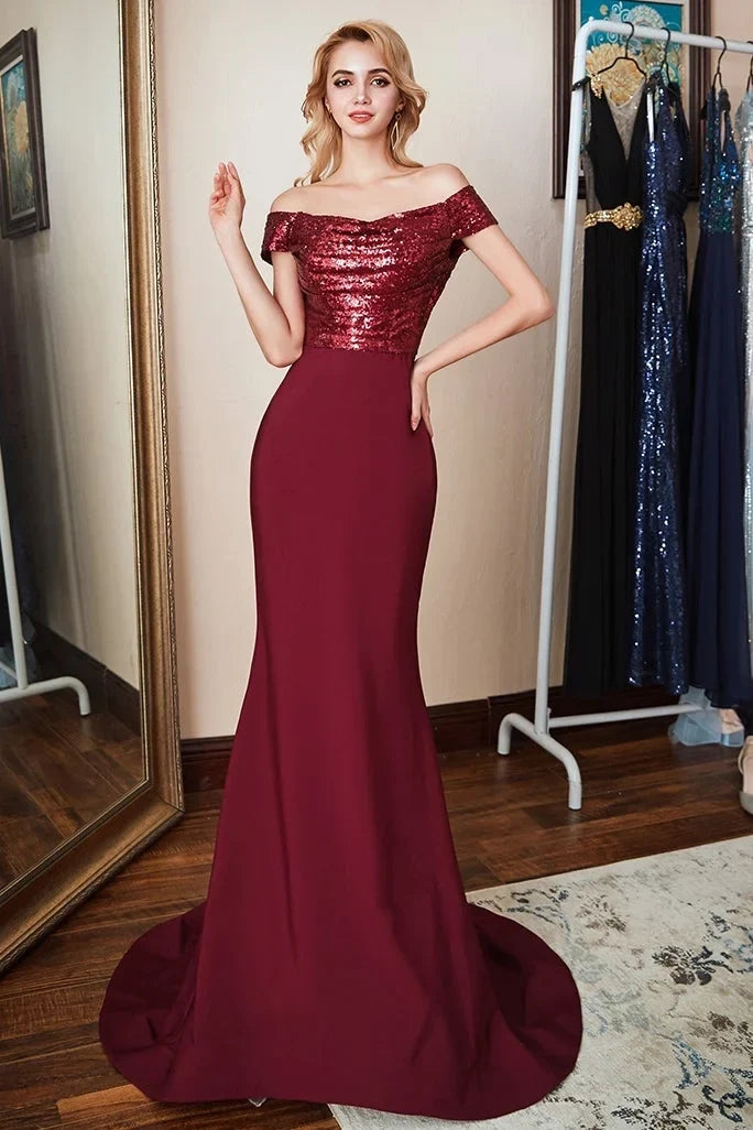 Burgundy Mermaid Off-Shoulder Maxi Prom Dress