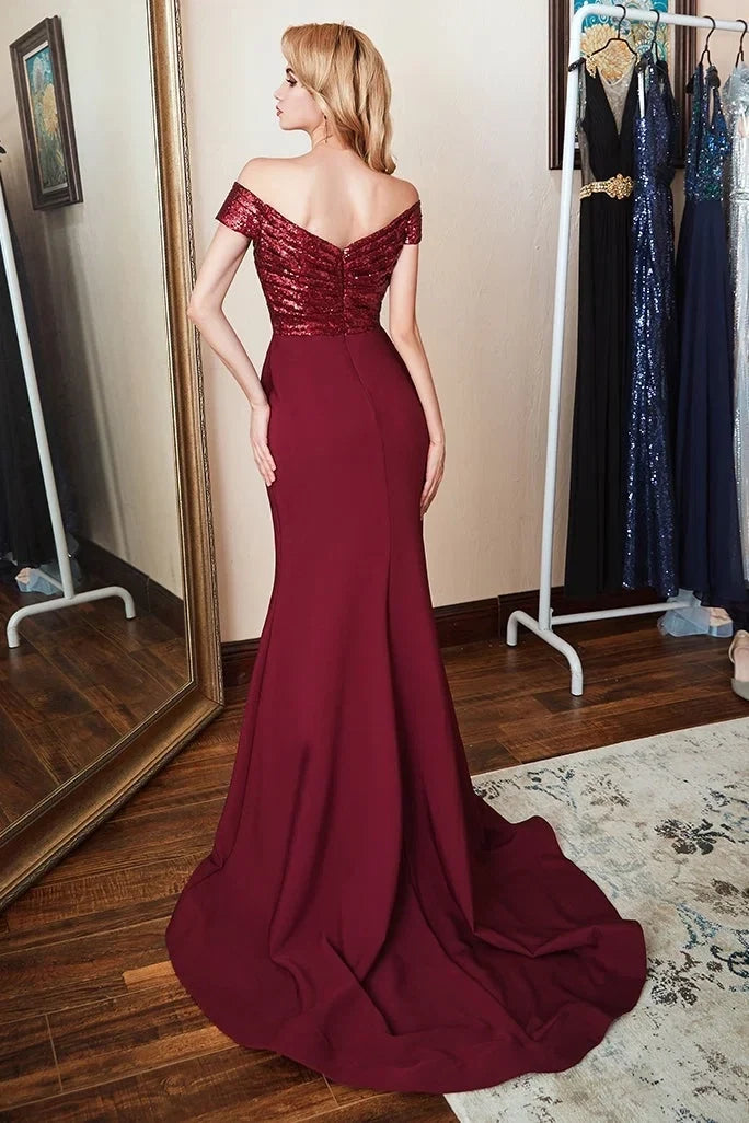 Burgundy Mermaid Off-Shoulder Maxi Prom Dress