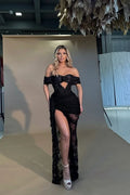 Black Mermaid Off-Shoulder Short Sleeve Maxi Prom Dress