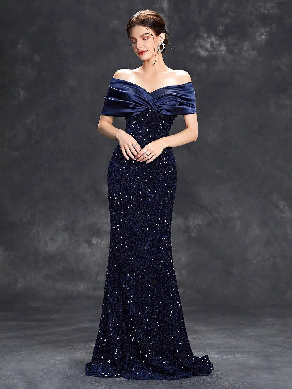 Navy Blue Mermaid Off-Shoulder Sleeveless Long Prom Dress