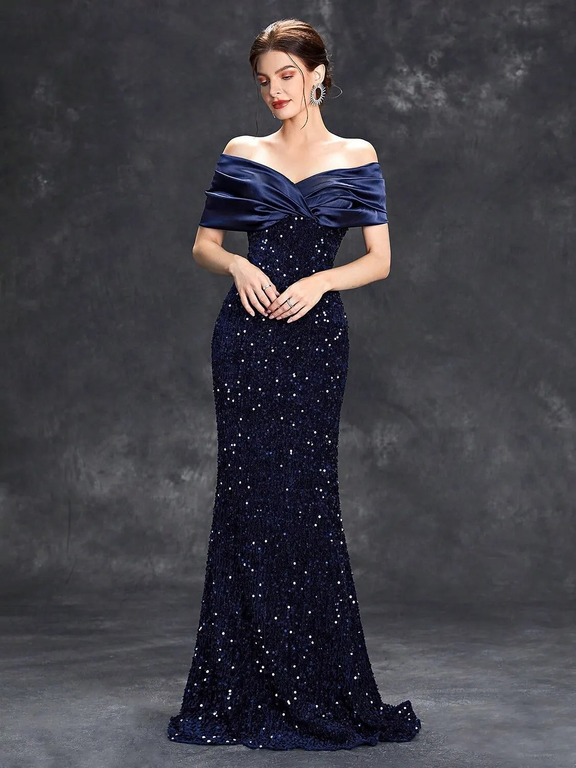 Navy Blue Mermaid Off-Shoulder Sleeveless Long Prom Dress
