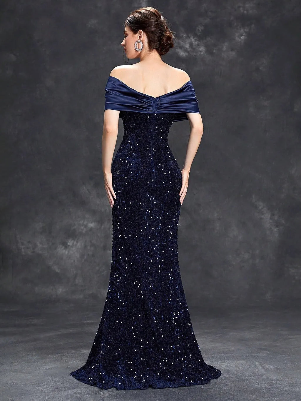 Navy Blue Mermaid Off-Shoulder Sleeveless Long Prom Dress
