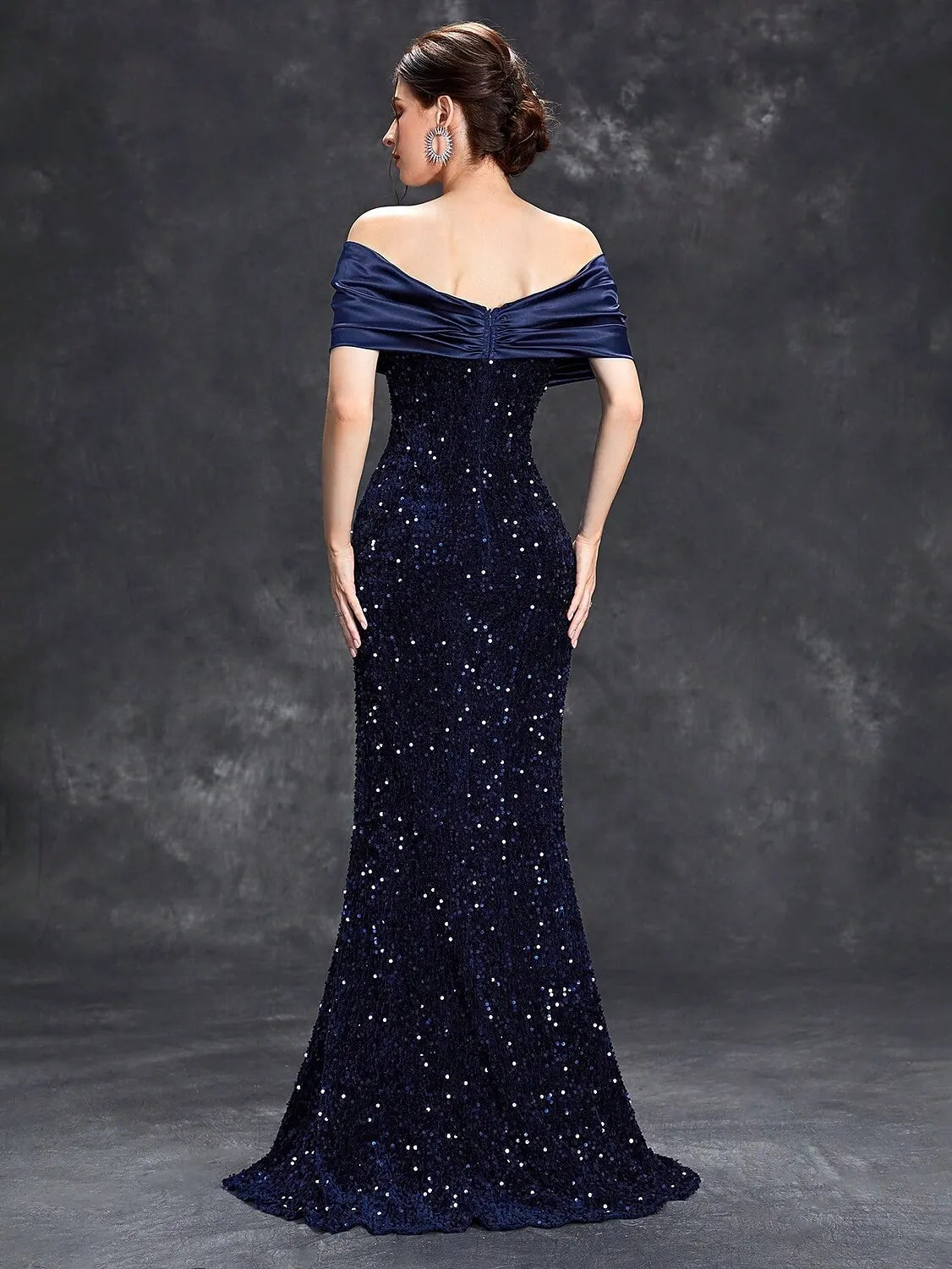 Navy Blue Mermaid Off-Shoulder Sleeveless Long Prom Dress