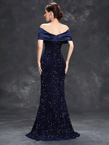 Glamorous Navy-Blue Sequin Mermaid Classic-Neck Sleeveless Classic-Back Floor-Length Prom Dress