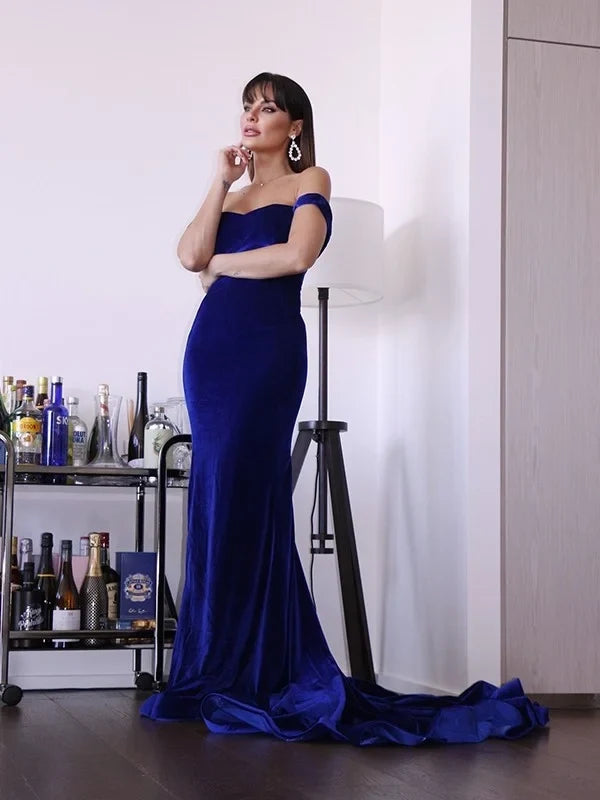 Blue Mermaid Off-Shoulder Royal Maxi Prom Dress
