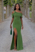 Green Mermaid Off-the-Shoulder Ruched Floor-Length Prom Dress
