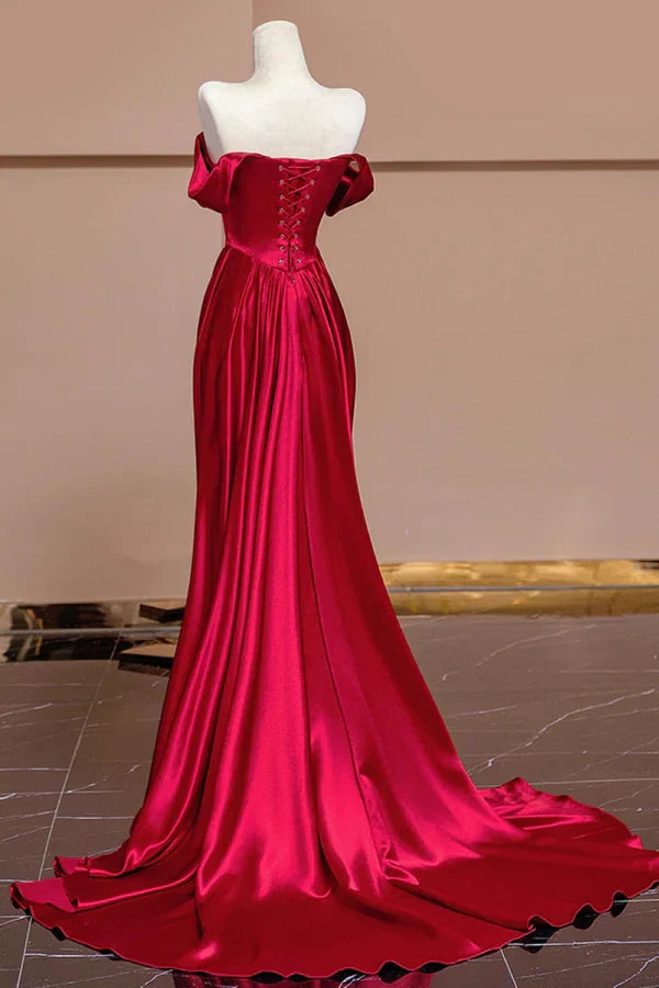 Red Mermaid Off-the-Shoulder Ruched Long Prom Dresses