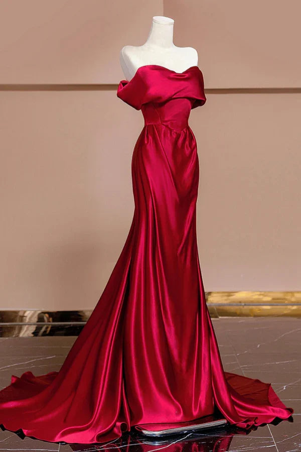 Red Mermaid Off-the-Shoulder Ruched Long Prom Dresses