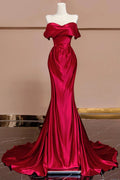 Red Mermaid Off-the-Shoulder Ruched Long Prom Dresses