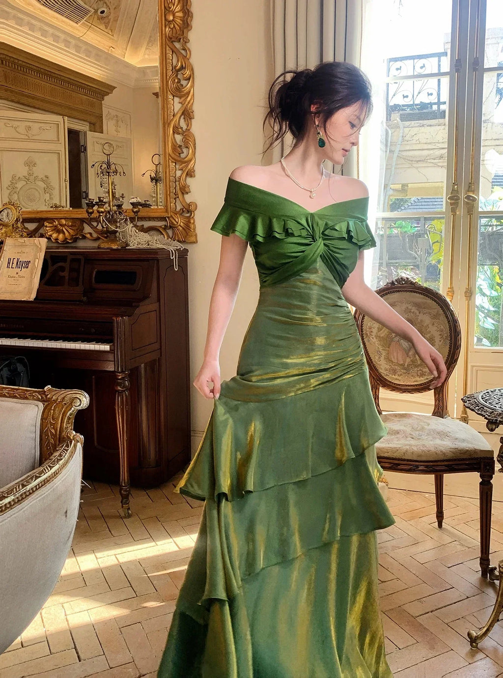 Green Mermaid Off-the-Shoulder Ruffled Maxi Prom Dress