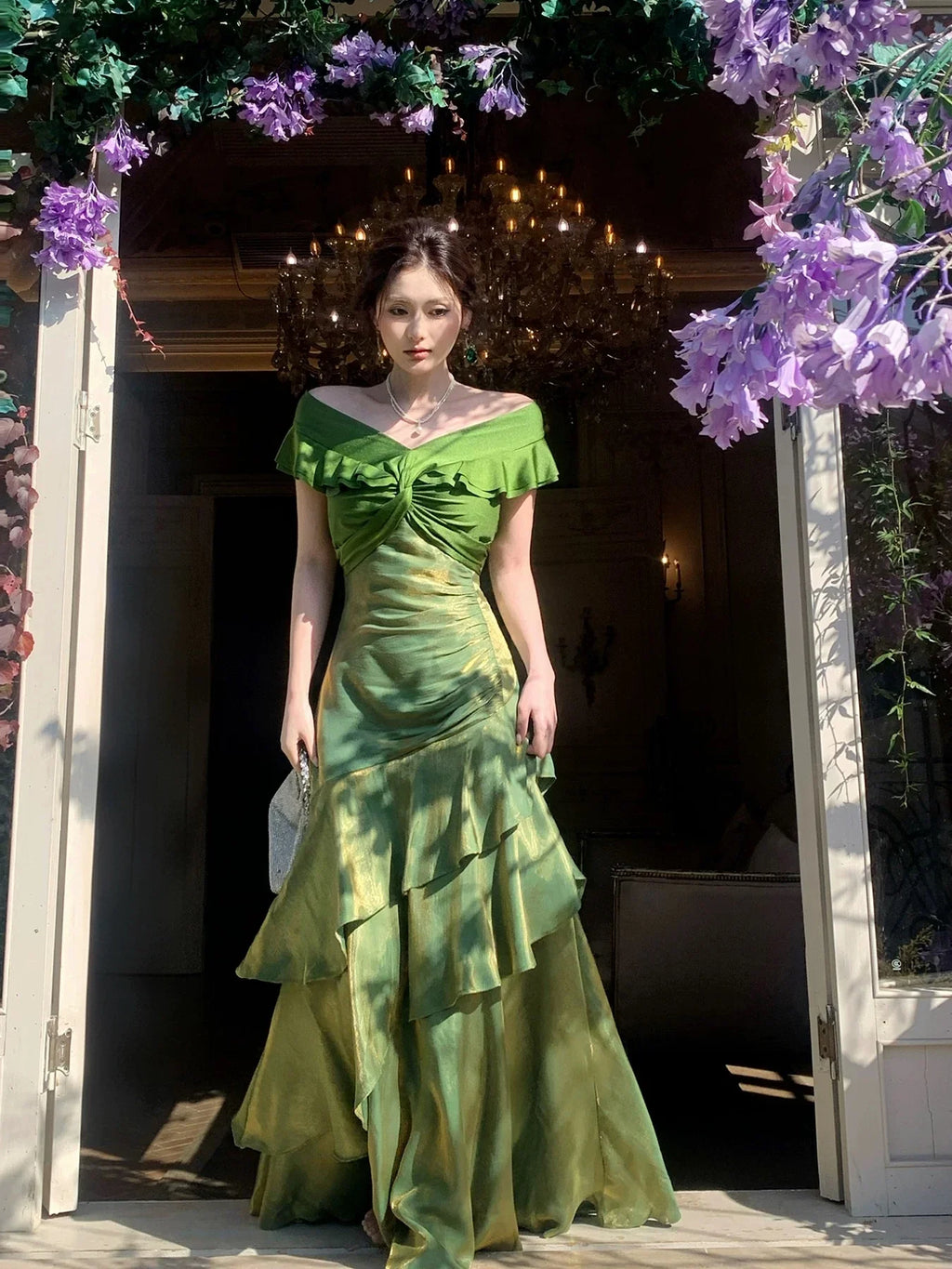 Green Mermaid Off-the-Shoulder Ruffled Maxi Prom Dress