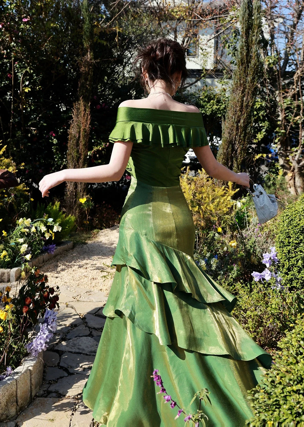 Green Mermaid Off-the-Shoulder Ruffled Maxi Prom Dress