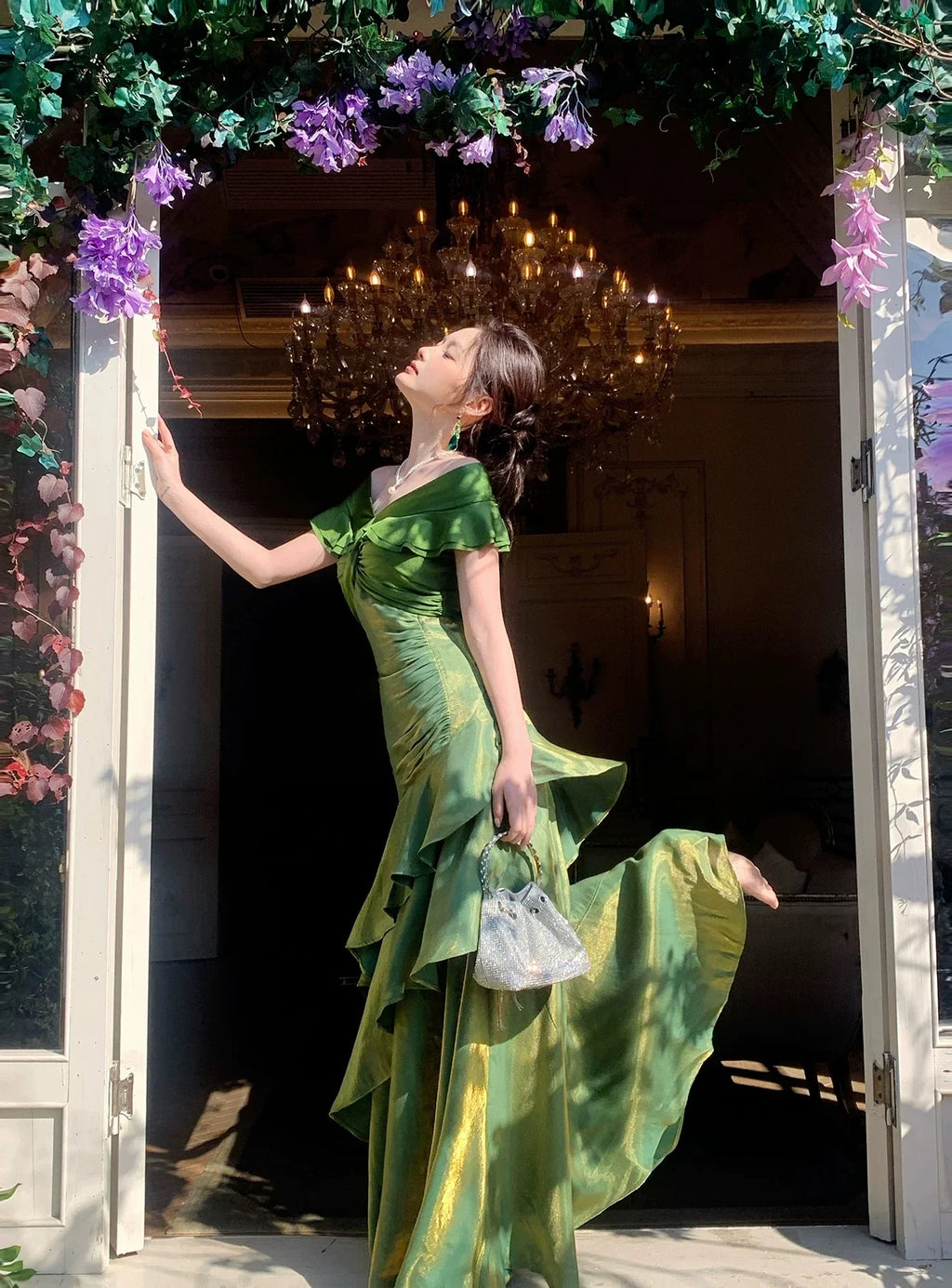 Green Mermaid Off-the-Shoulder Ruffled Maxi Prom Dress