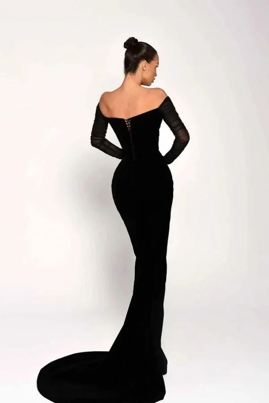 Glamorous Black Mermaid Off-the-Shoulder Classic-Sleeve Classic-Back Floor-Length Evening Dress