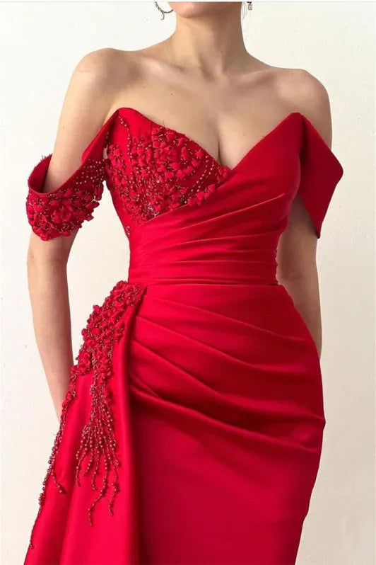 Red Mermaid Off-the-shoulder Beaded Evening Dress For Ladies Hot Sale
