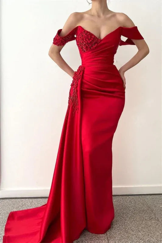 Red Mermaid Off-the-shoulder Beaded Evening Dress For Ladies Hot Sale