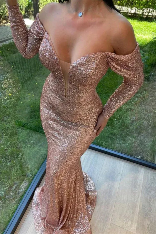 Rose Gold Mermaid Off-the-shoulder Evening Dress For Ladies Hot Sale