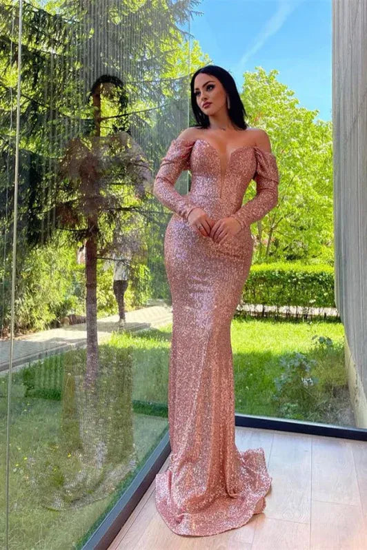 Rose Gold Mermaid Off-the-shoulder Evening Dress For Ladies Hot Sale