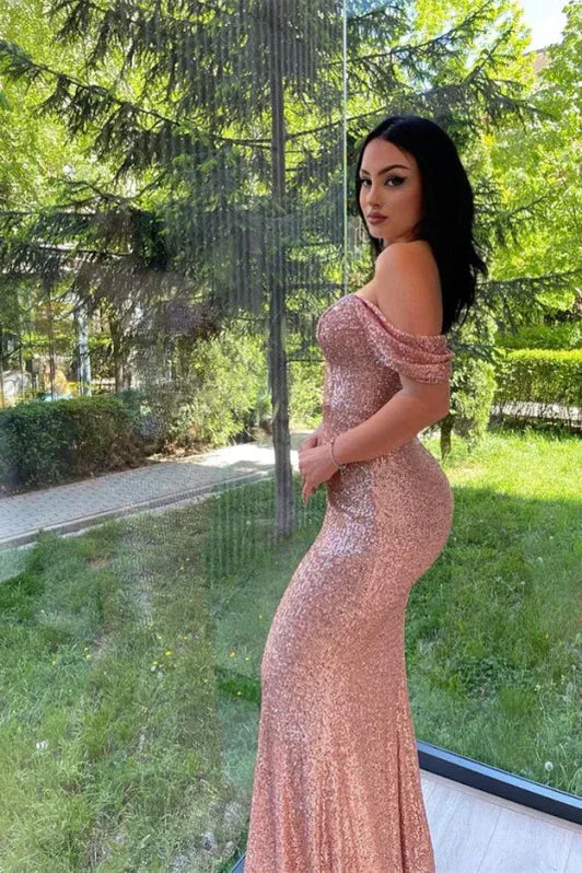 Rose Gold Mermaid Off-the-shoulder Evening Dress For Ladies Hot Sale