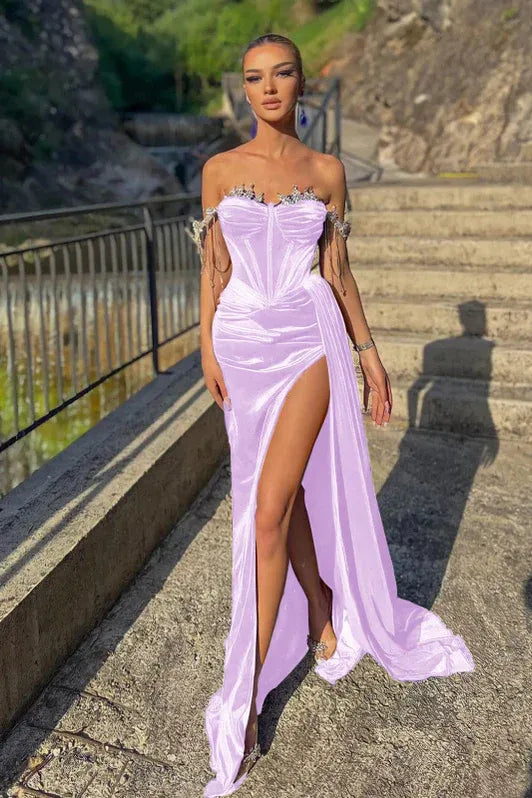 Mermaid Off Shoulder Crystal Embellished Ruched Indigo Train Evening Dress Buy
