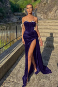 Mermaid Off Shoulder Crystal Embellished Ruched Indigo Train Evening Dress Buy