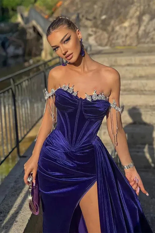 Mermaid Off Shoulder Crystal Embellished Ruched Indigo Train Evening Dress Buy
