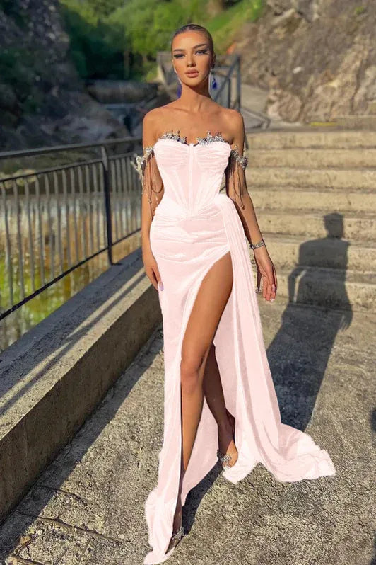 Mermaid Off Shoulder Crystal Embellished Ruched Indigo Train Evening Dress Buy