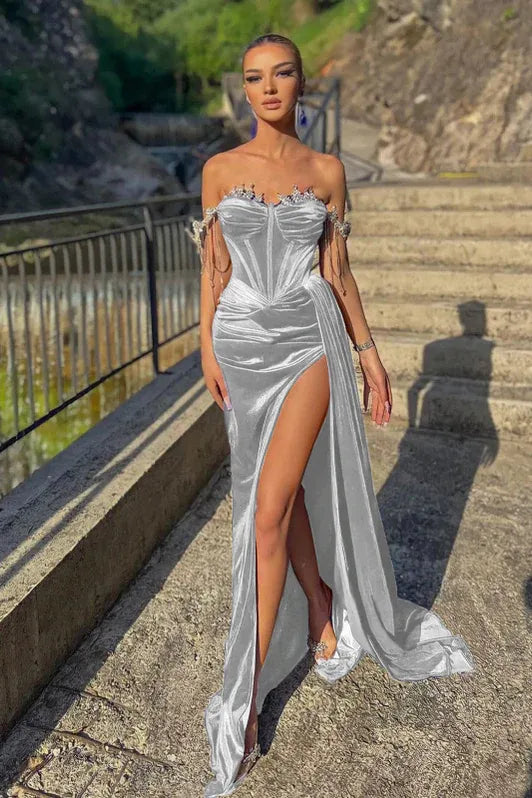 Mermaid Off Shoulder Crystal Embellished Ruched Indigo Train Evening Dress Buy